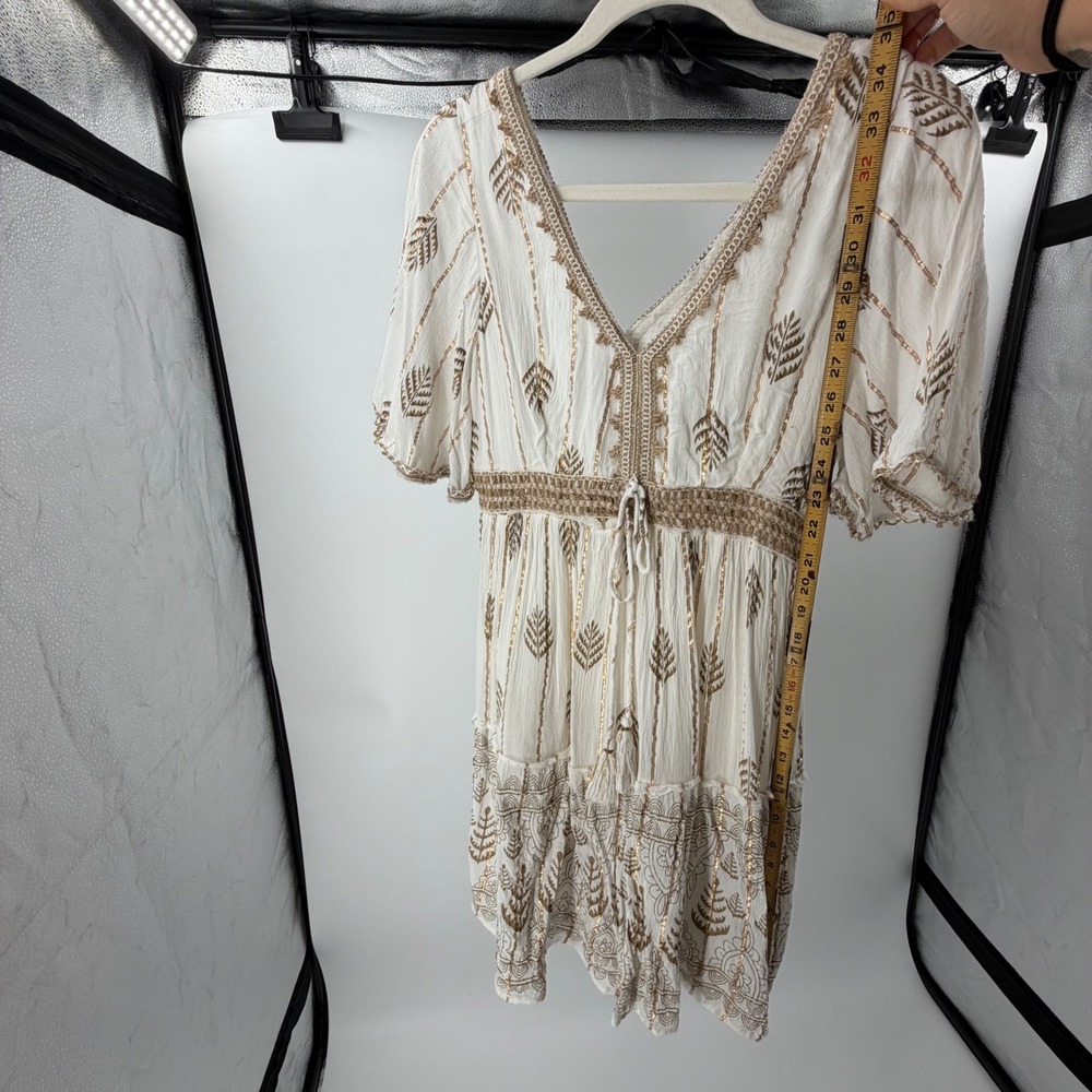 Ananta White‎ Gold Metallic Lurex Embroidered Boho Mini Dress S/M V-Neck Tassel - Picture 3 of 6